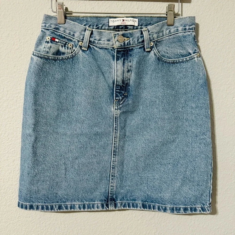 Tommy Hilfiger Cotton Mini Skirt Size 8 Light Wash Denim Vintage 90s Y2K Blue